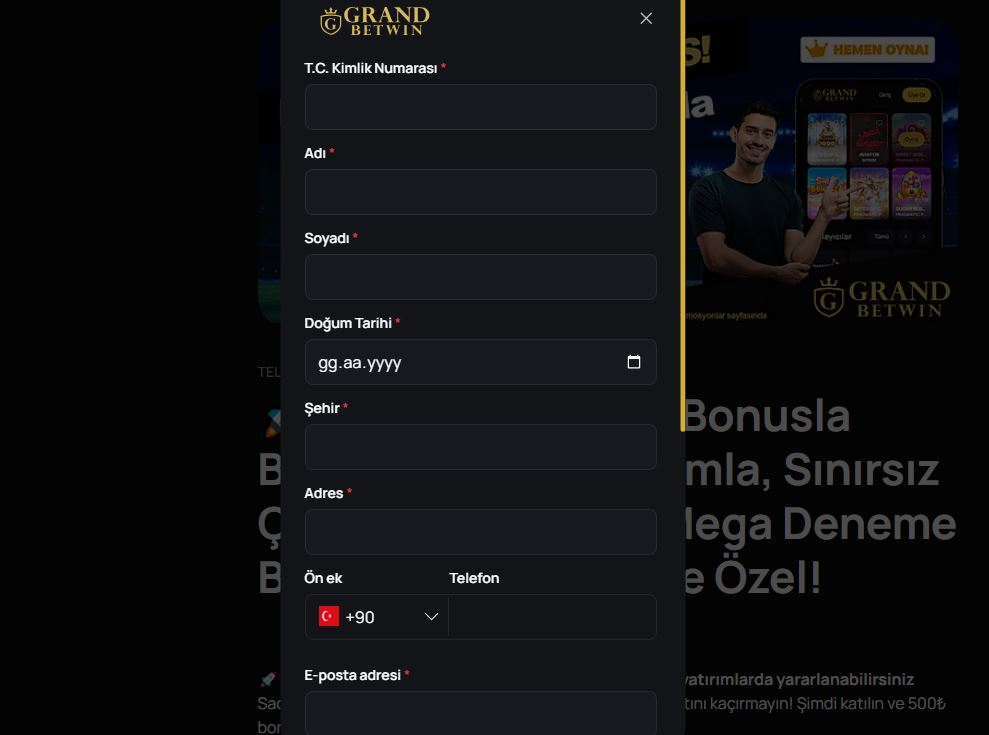 grandbetwin kayıt şleminde istenilen bilgiler